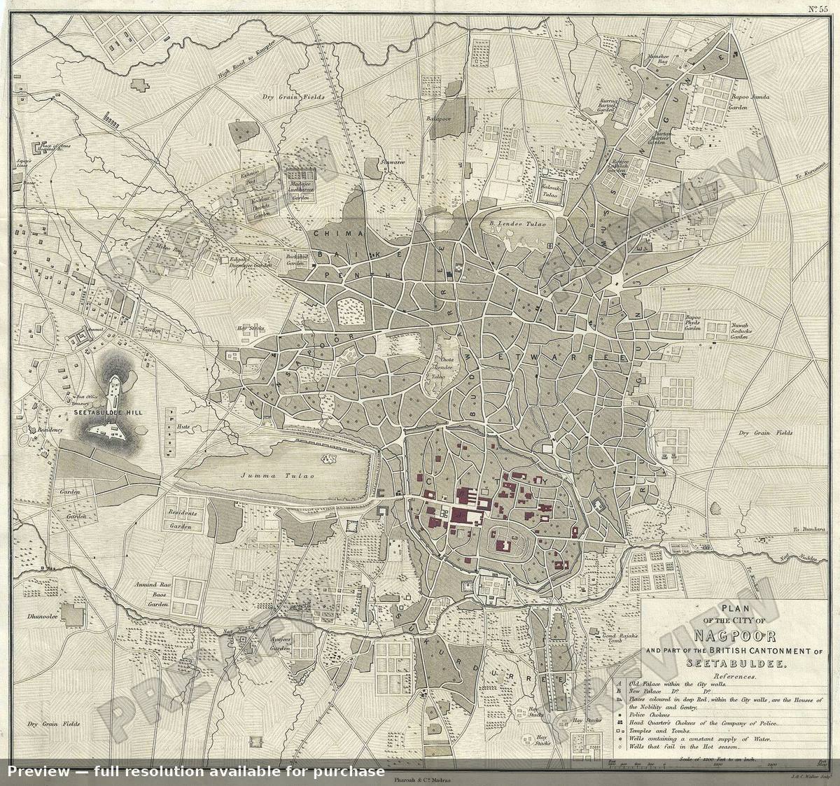 Antique map: City Nagpoor Seetabuldee, 1854
