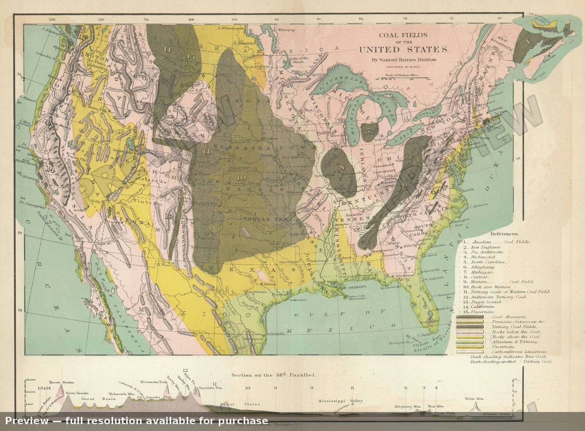 Antique map: Coal Fields US, 1866, 1866