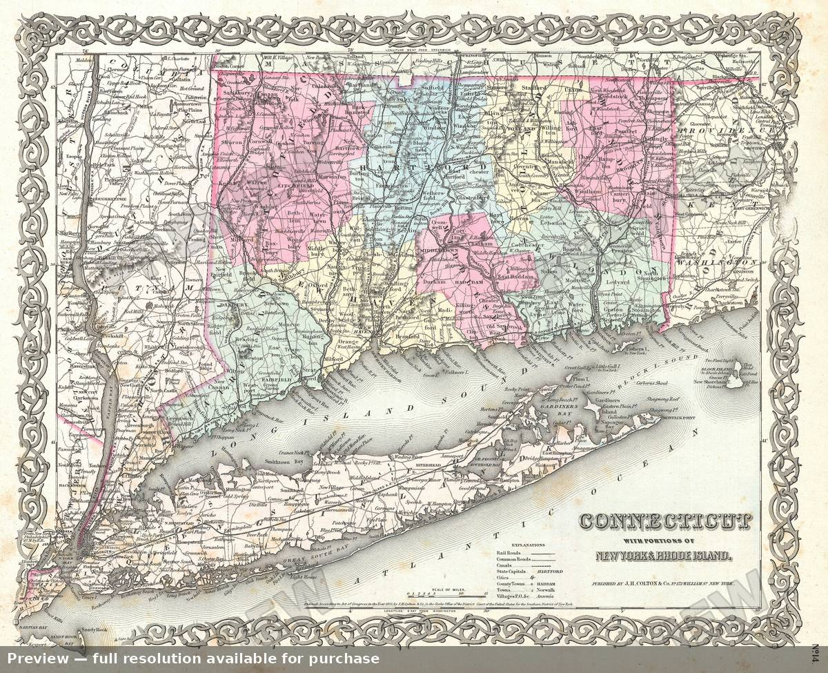 Antique map: Connecticut Long Island, 1855