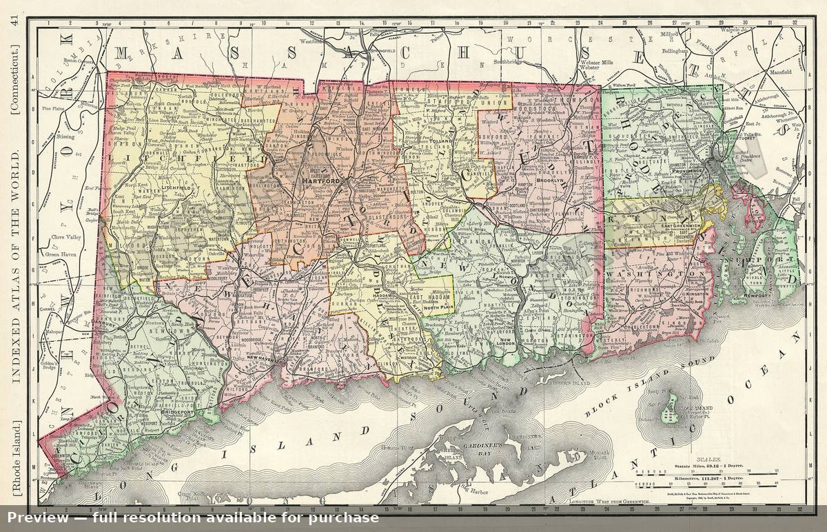 Antique map: Connecticut RI, 1893, 1893