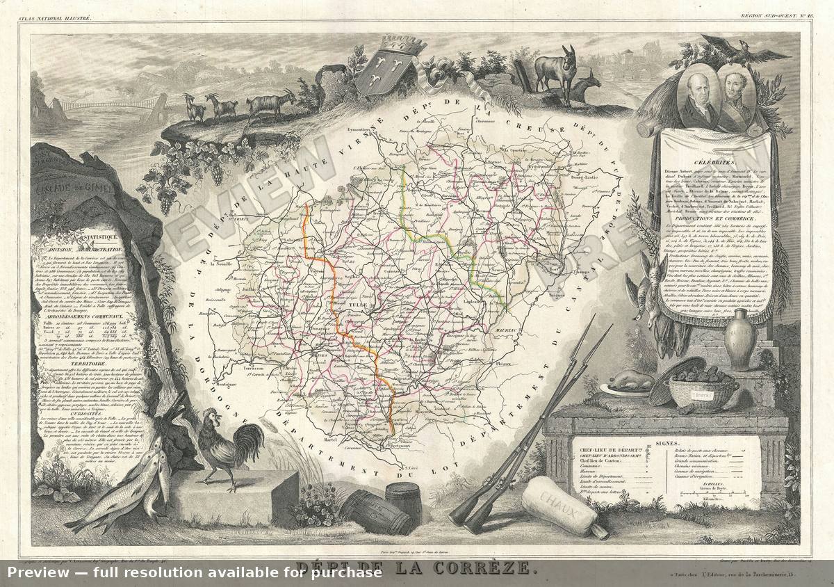 Antique map: Correze, 1852