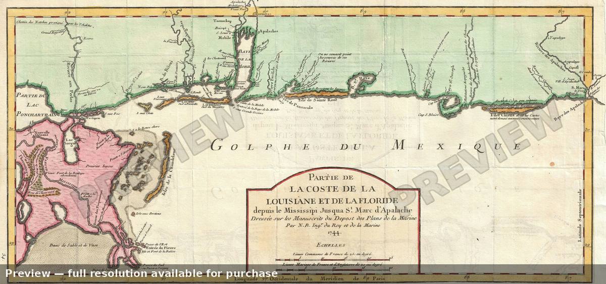 Antique map: Coste Louisiane Floride, 1744, 1744