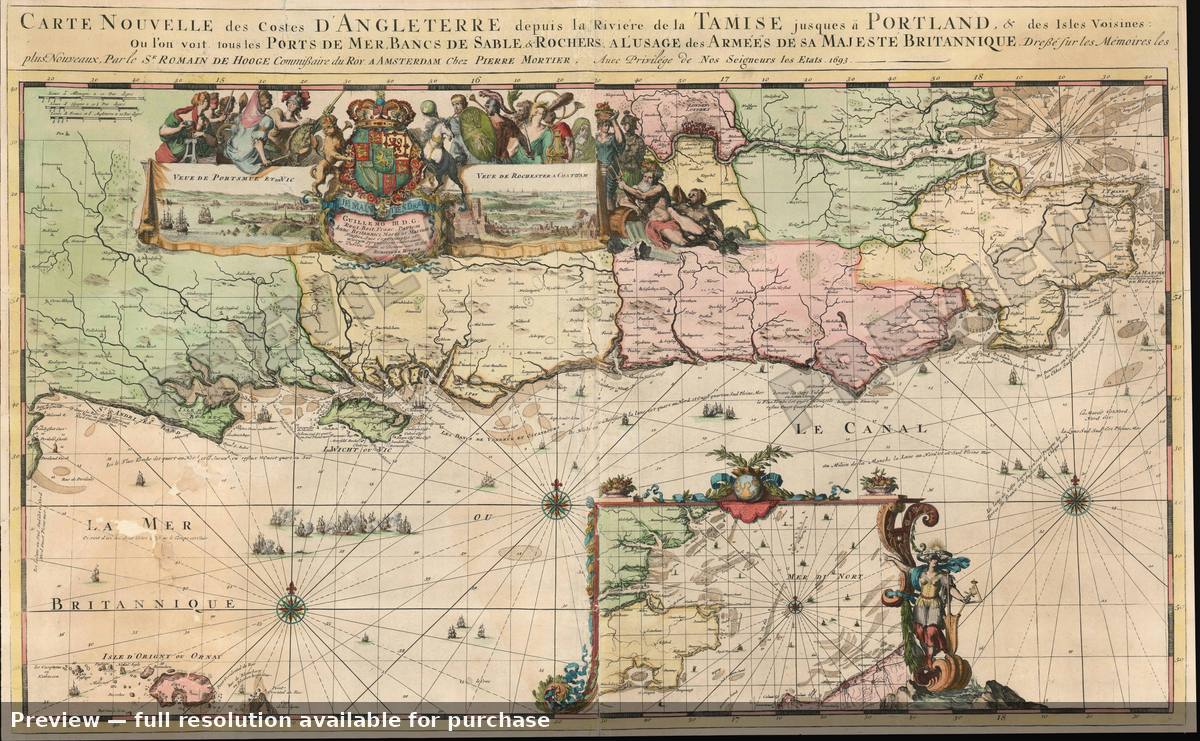 Antique map: Costes Angleterre, 1693
