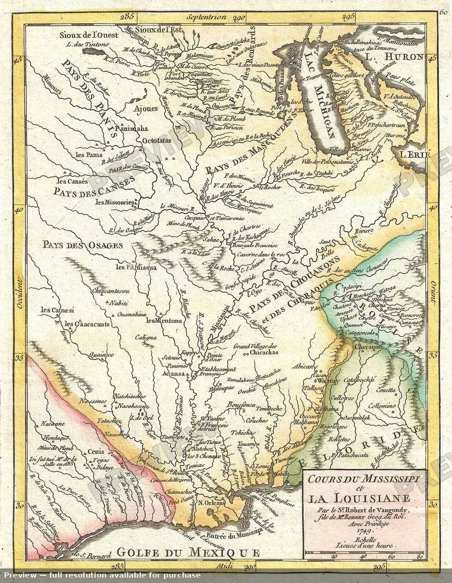 Antique map: Cours Mississippi, 1749, 1749