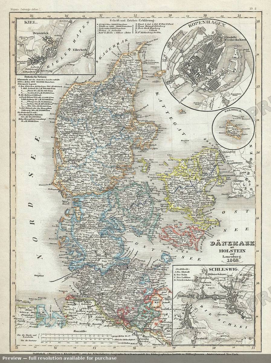 Antique map: Danemark, 1849
