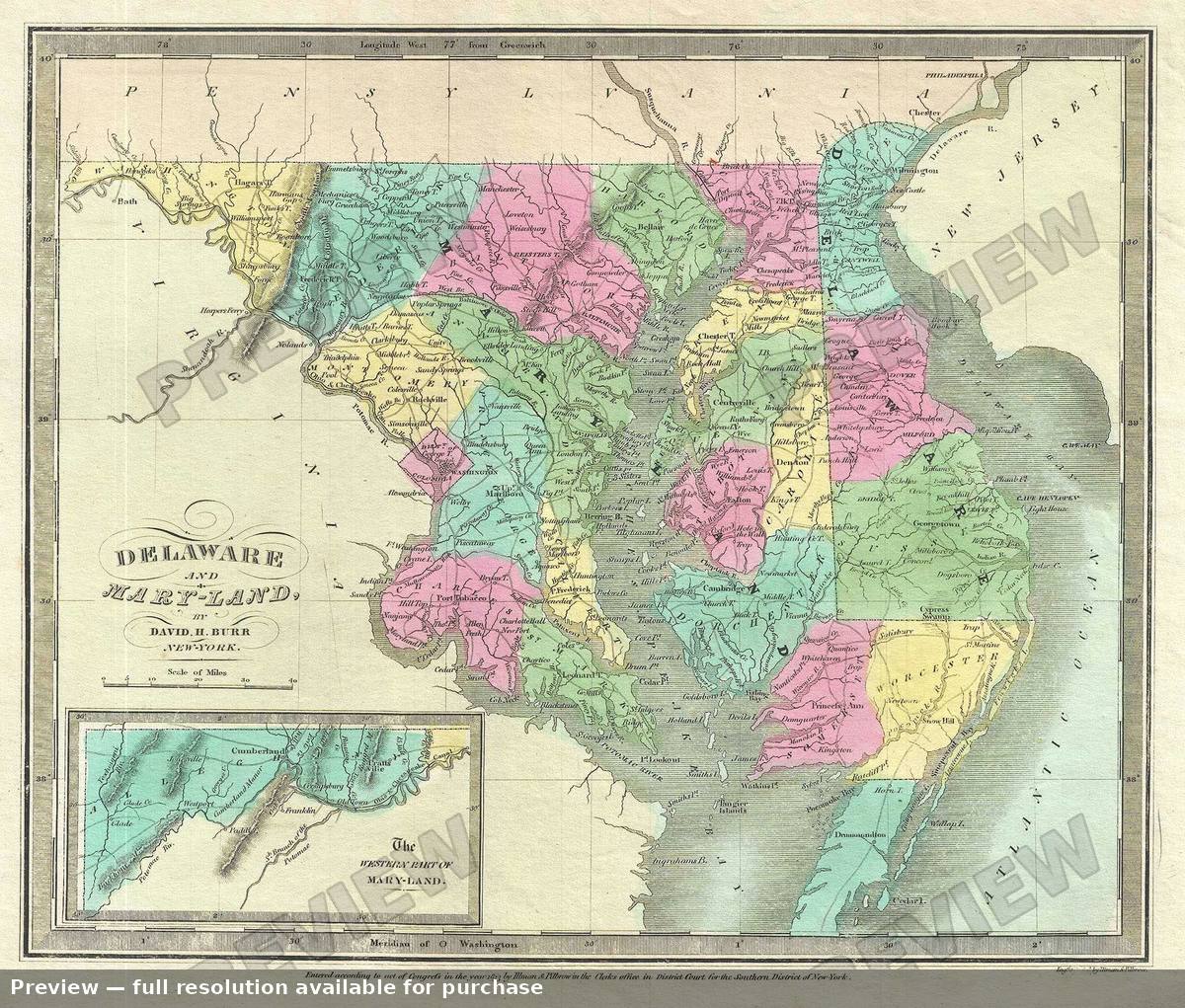 Antique map: Delaware Maryland, 1835