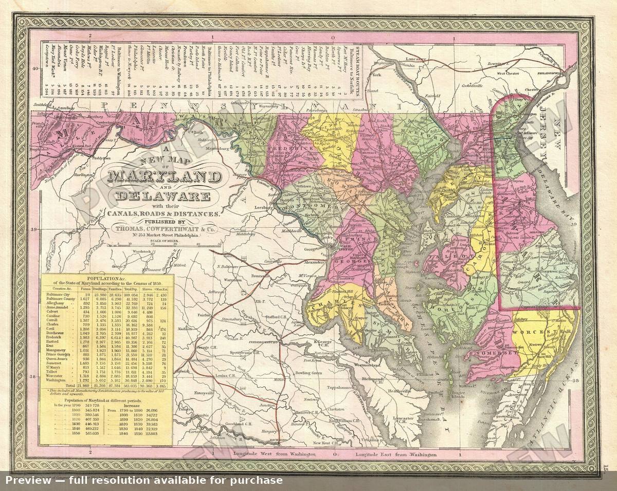 Antique map: Delaware Maryland, 1854