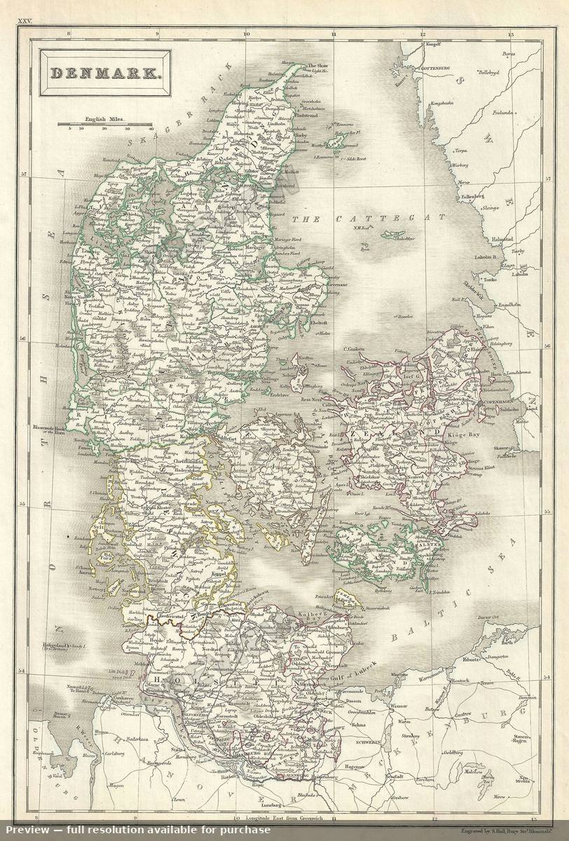 Antique map: Denmark, 1844