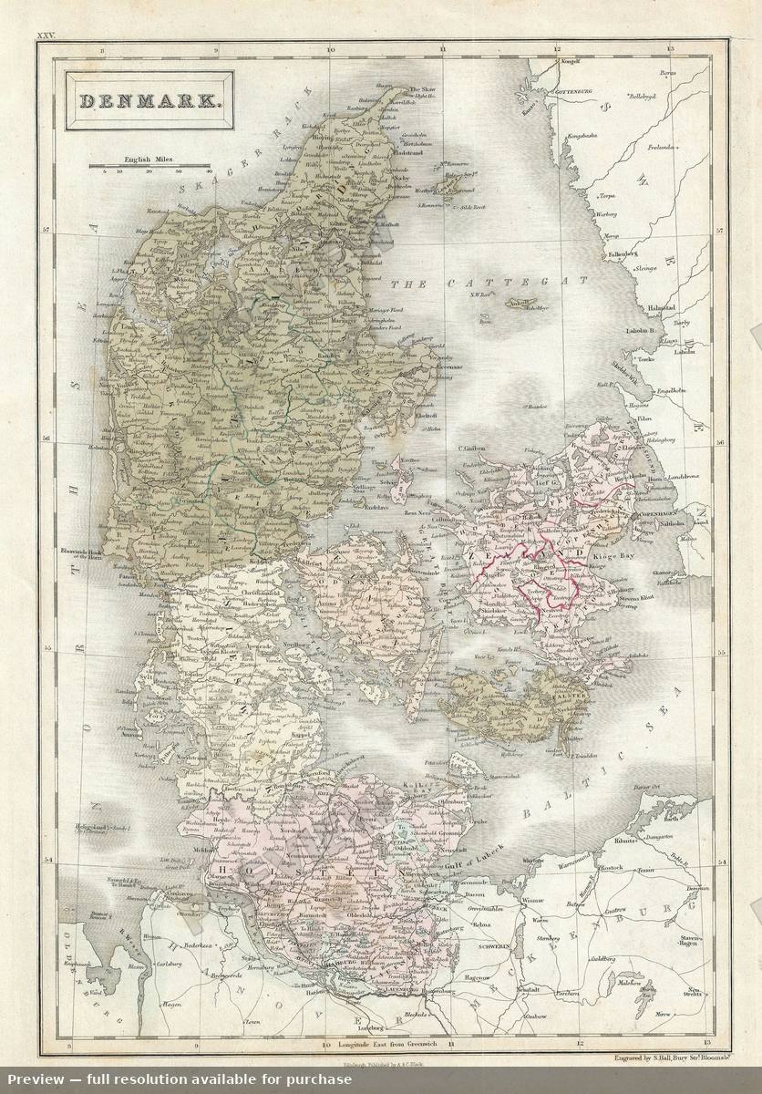 Antique map: Denmark, 1851