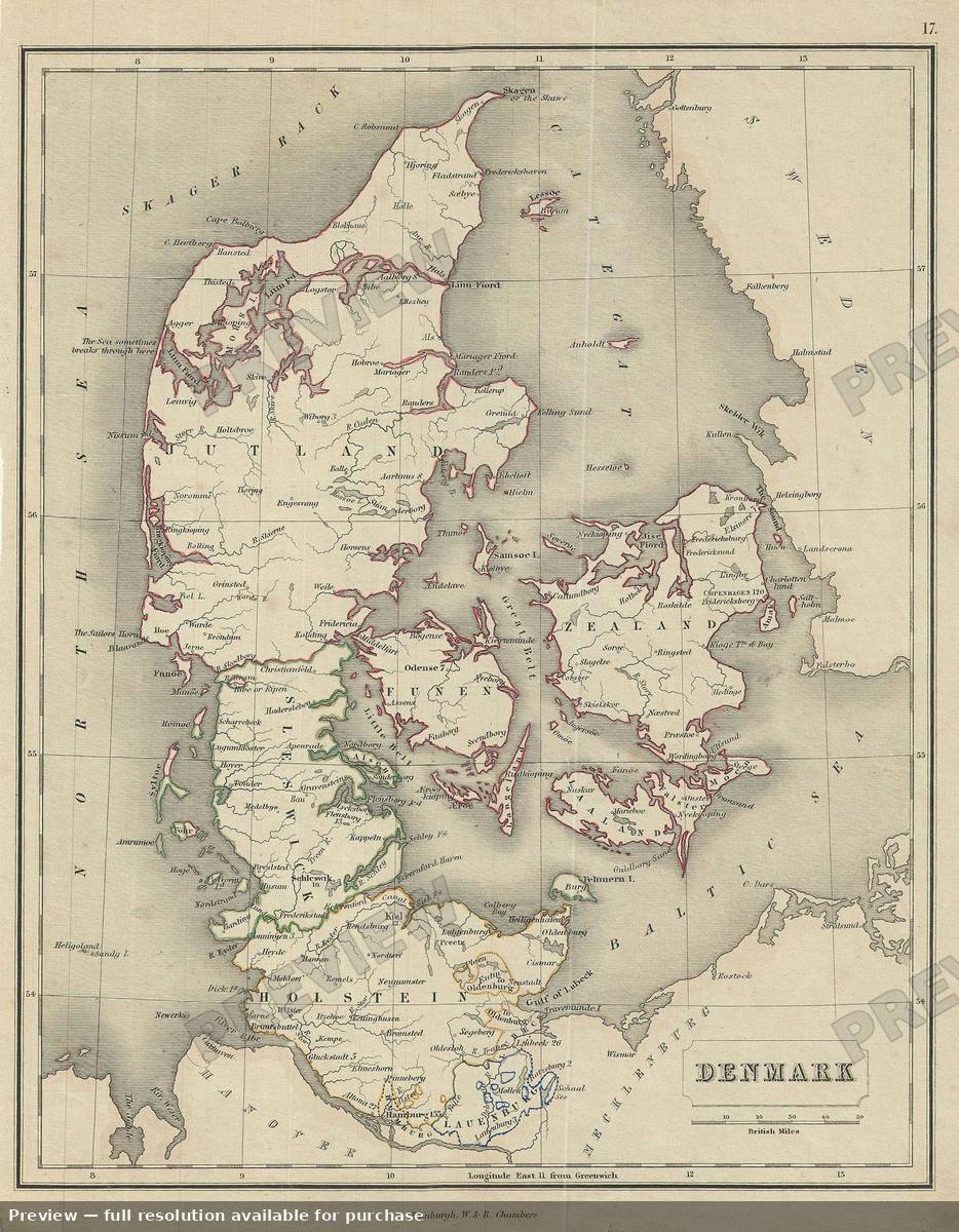 Antique map: Denmark, 1845