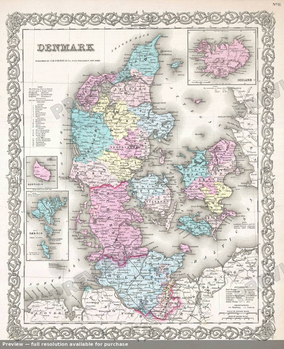 Antique map: Denmark, 1855