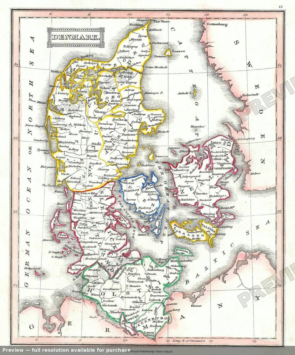 Antique map: Denmark, 1845, 1845