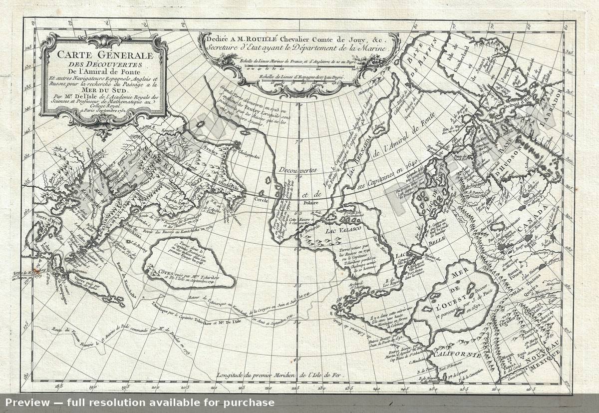 Antique map: Descouvertesde Admiralde Fonte, 1752, 1752