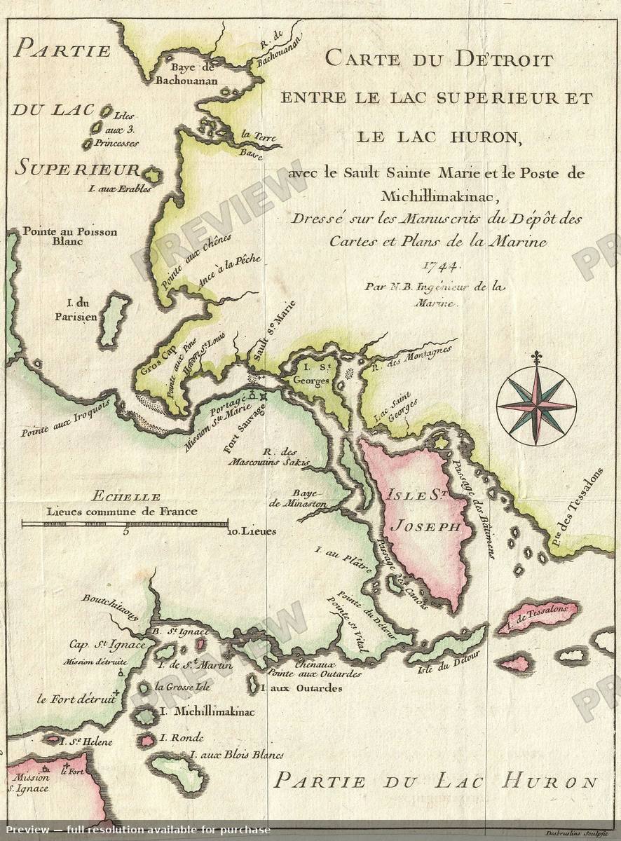 Antique map: Detroit Superior Huron Michigan, 1744