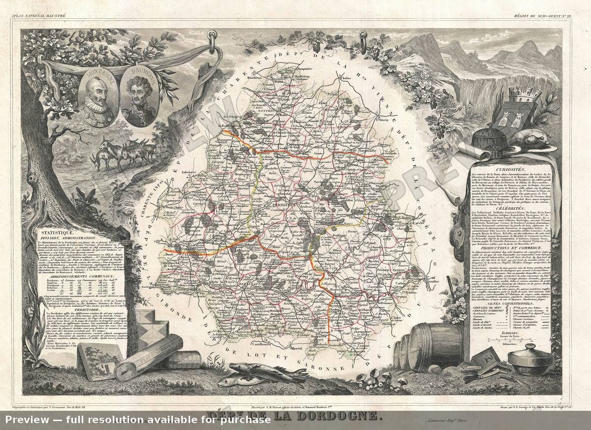 Antique map: Dordogne, 1852