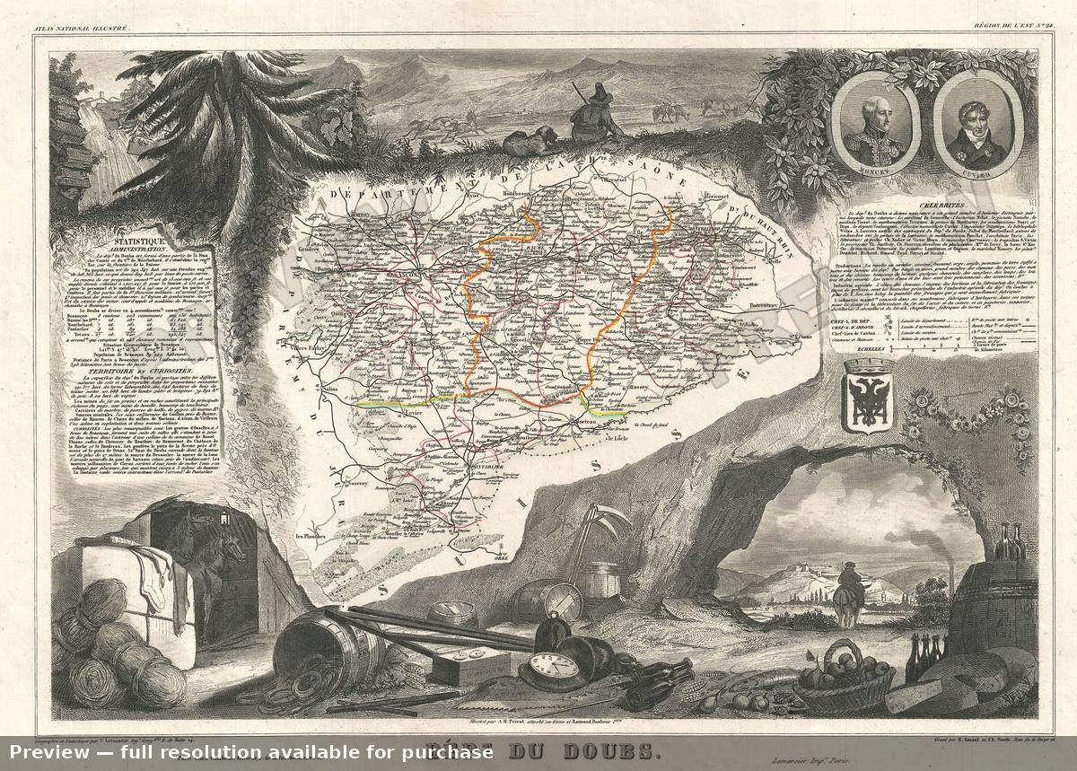 Antique map: Doubs, 1852, 1852