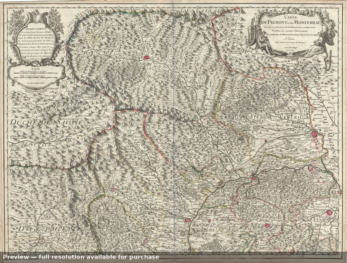 Antique map: Du Piemont Et Du Monferrat, 1707, 1707