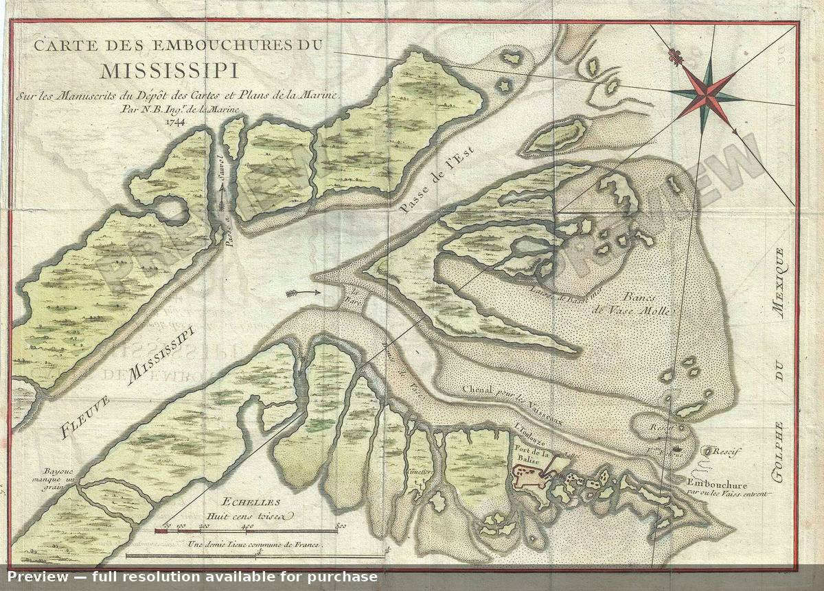 Antique map: Embouchures Mississipi, 1744, 1744