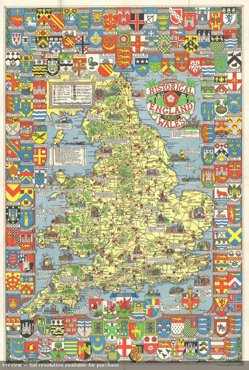Antique map: England Wales Historical, 1963
