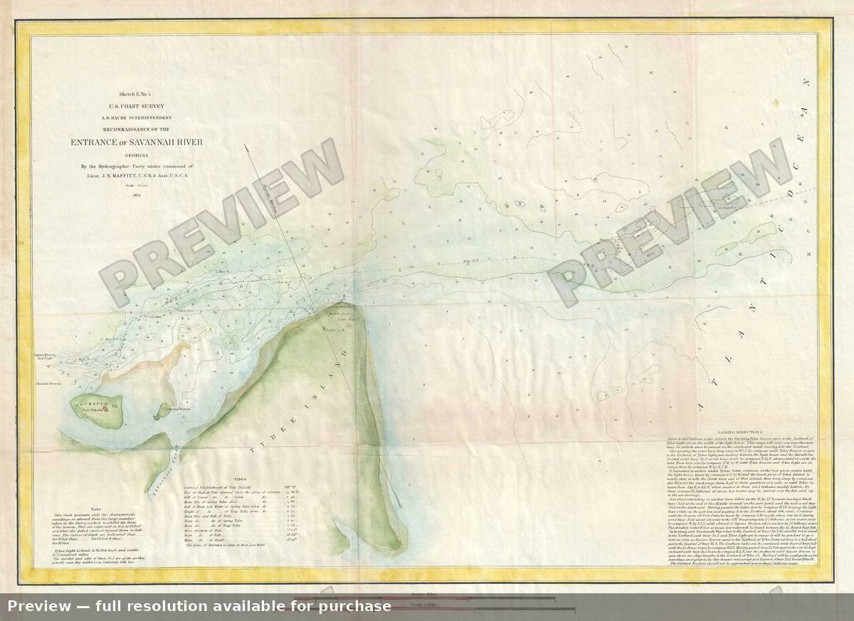 Antique map: Entrance Savannah River, 1851, 1851