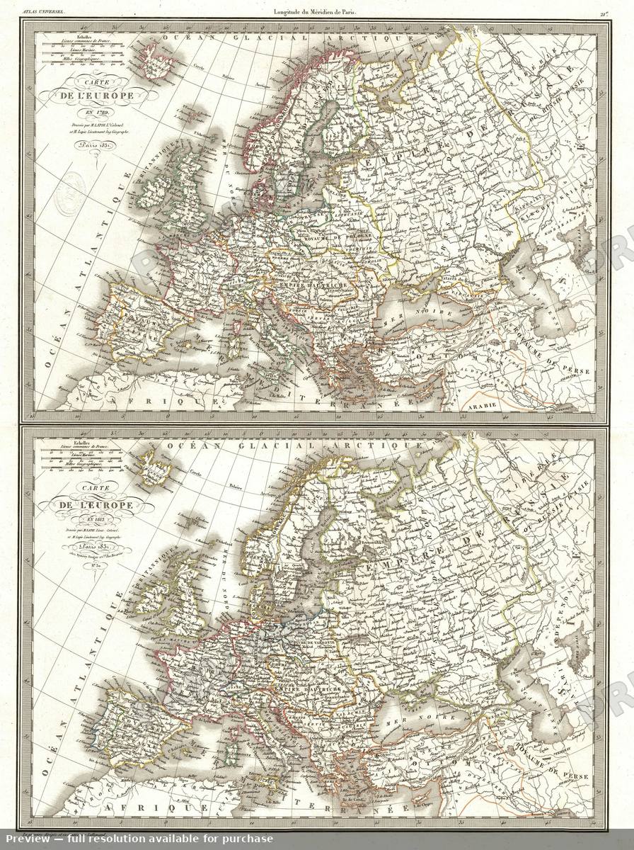 Antique map: Europe 1789and 1813, 1829