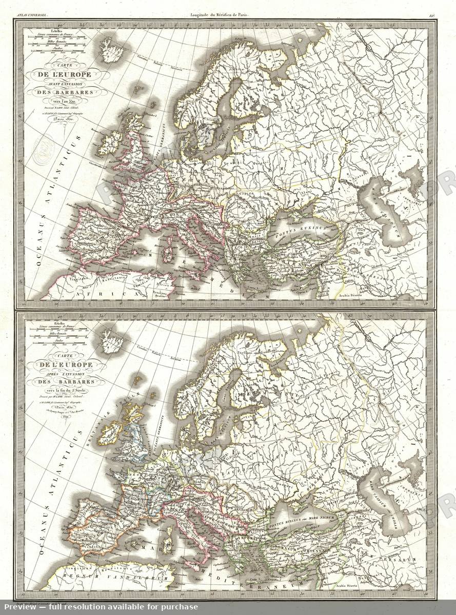 Antique map: Europe Barbares, 1829, 1829