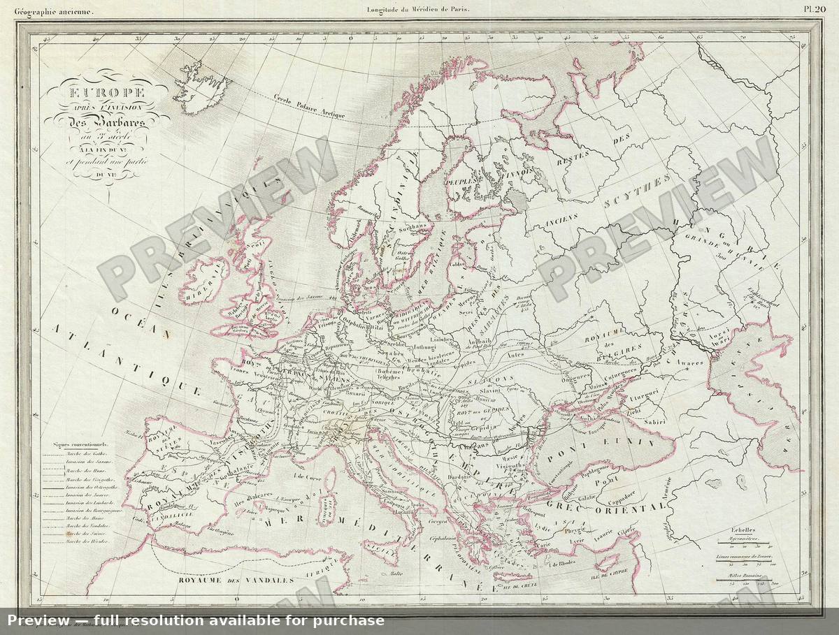 Antique map: Europe Barbares, 1843, 1843
