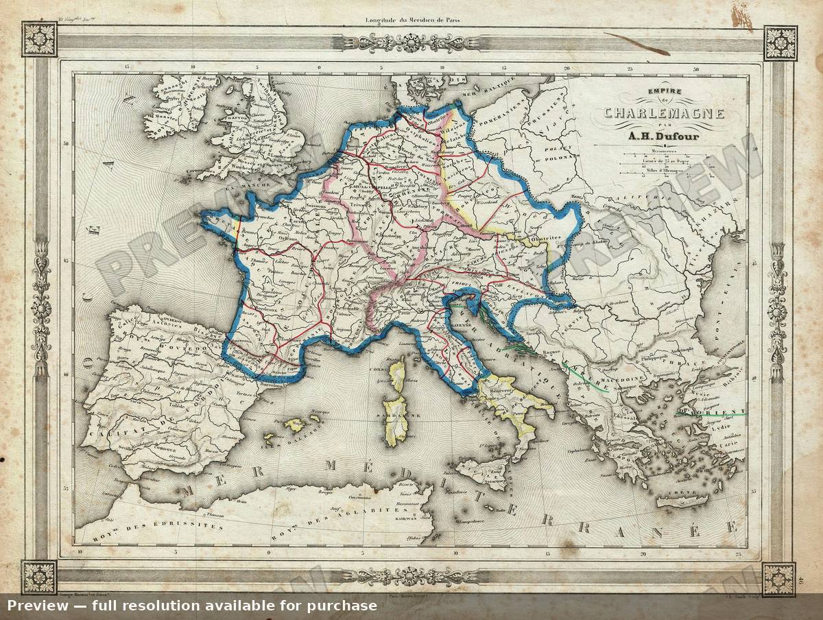 Antique map: Europe Charlemagne, 1852