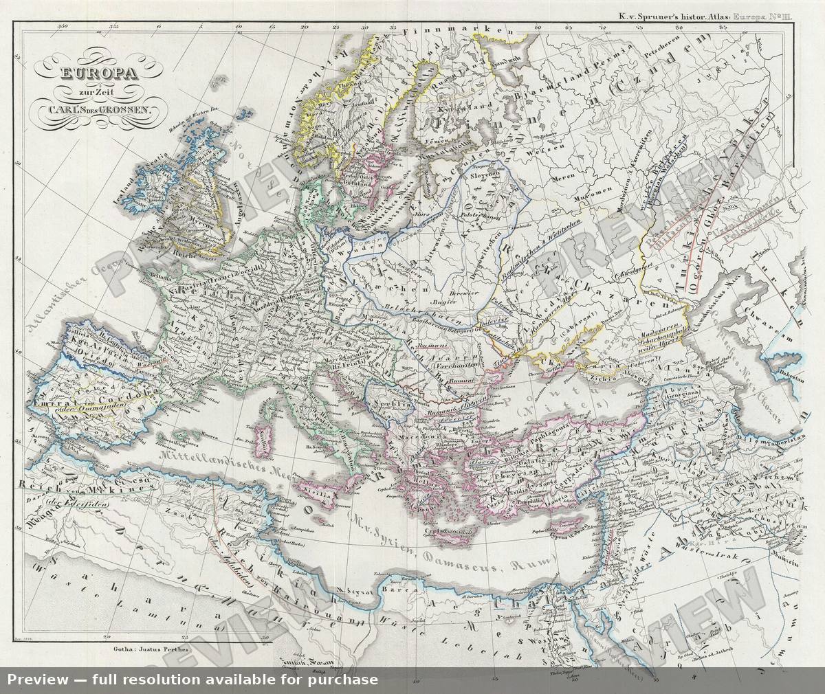 Antique map: Europe Charlemagne, 1854