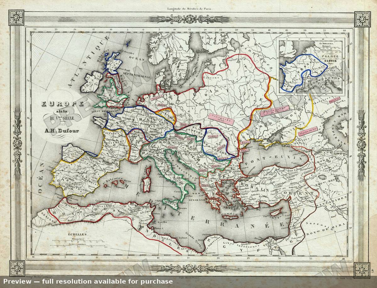 Antique map: Europe Fifth Century, 1852