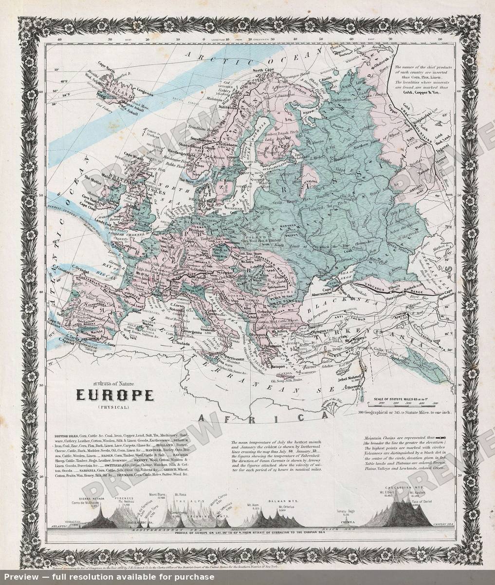Antique map: Europe Physical, 1859