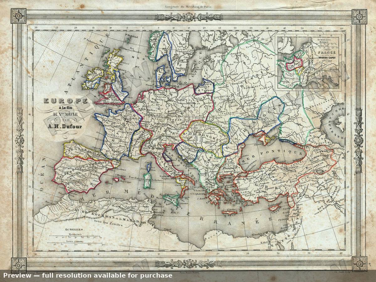 Antique map: Europe Tenth Century, 1852