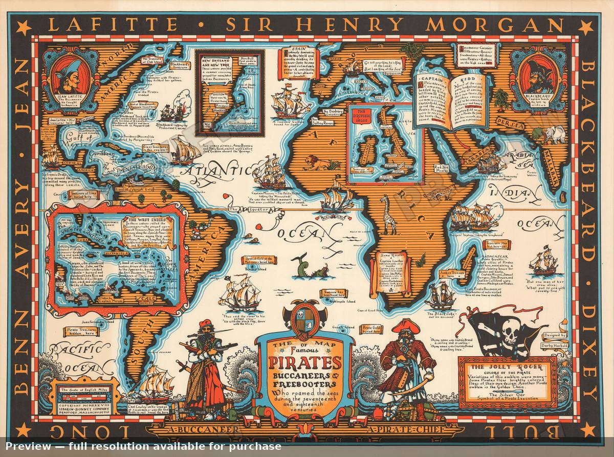 Antique map: Famous Pirates, 1938, 1938
