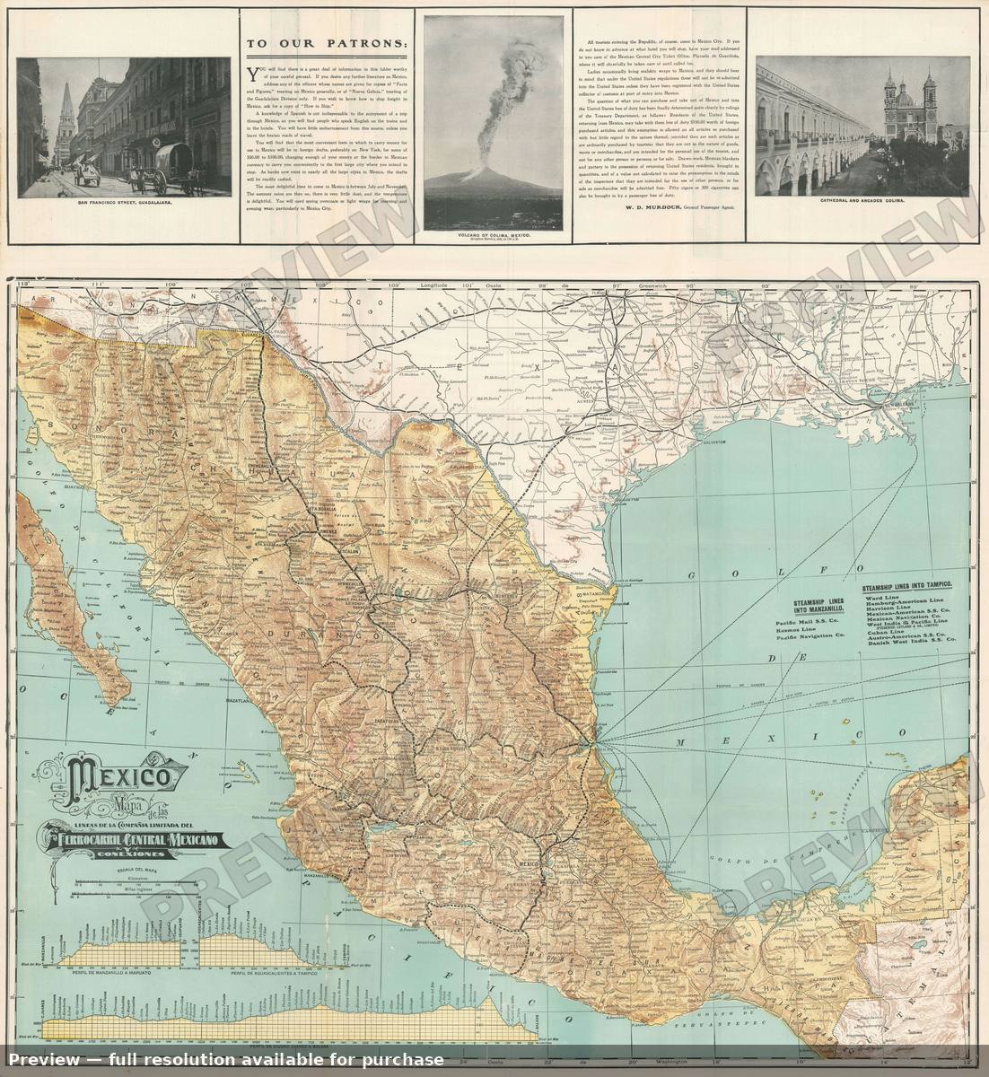 Antique map: Ferrocarril Central, 1904, 1904