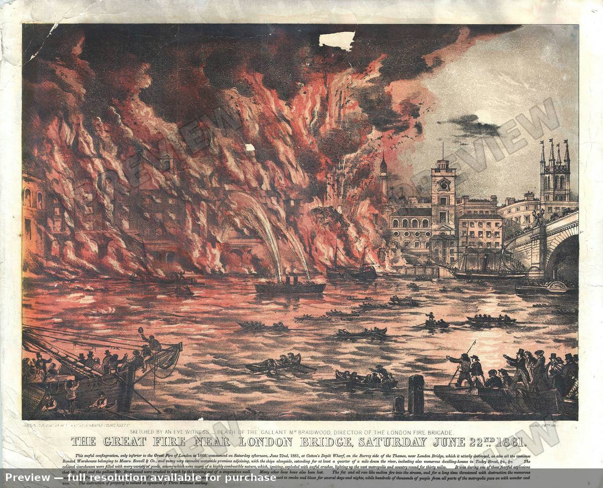 Antique map: Fire London Bridge, 1861, 1861