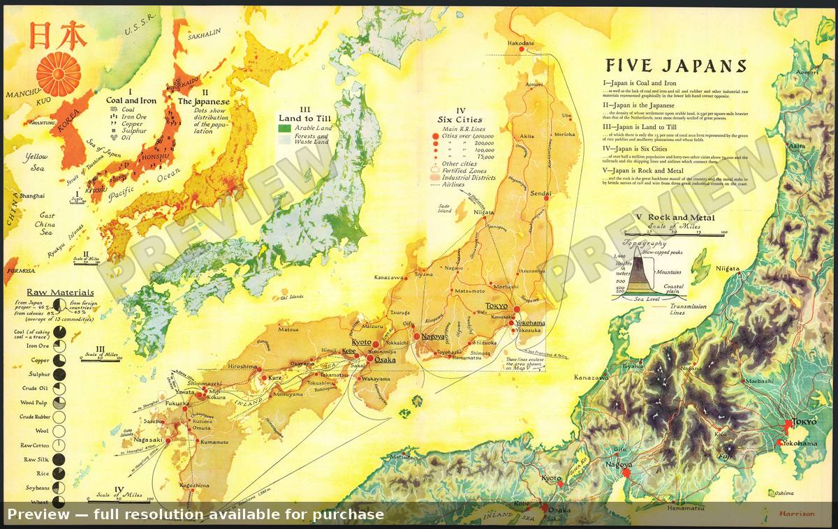 Antique map: Five Japans, 1936