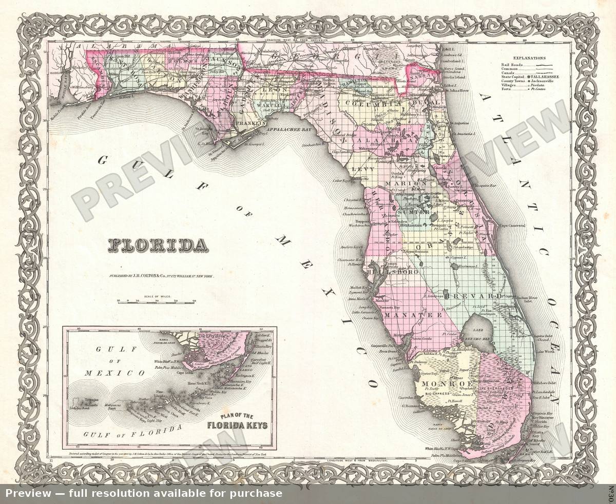 Antique map: Florida, 1855