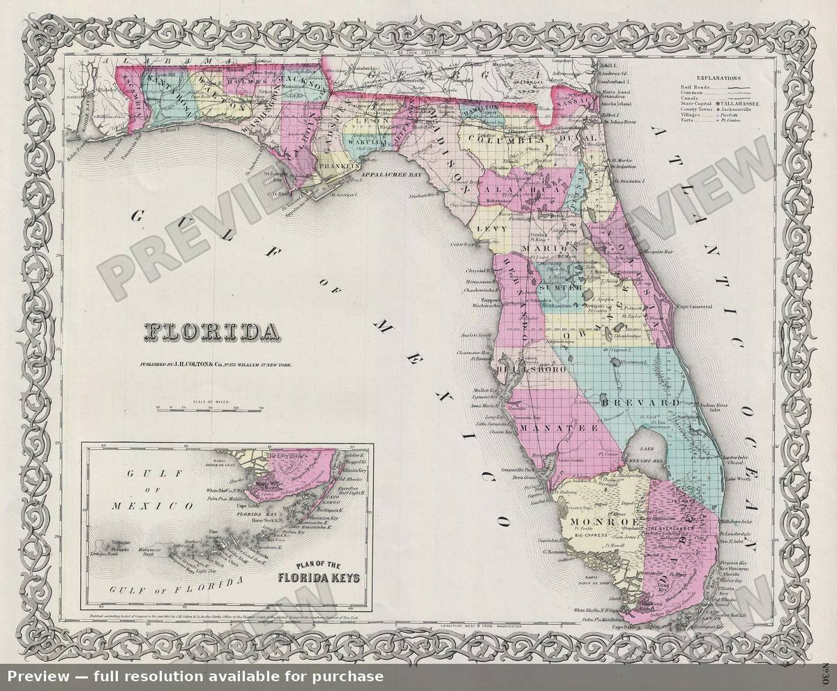 Antique map: Florida, 1856