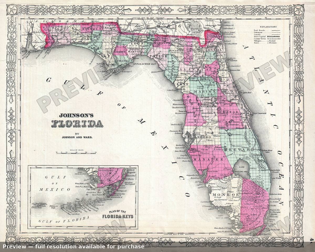 Antique map: Florida, 1864