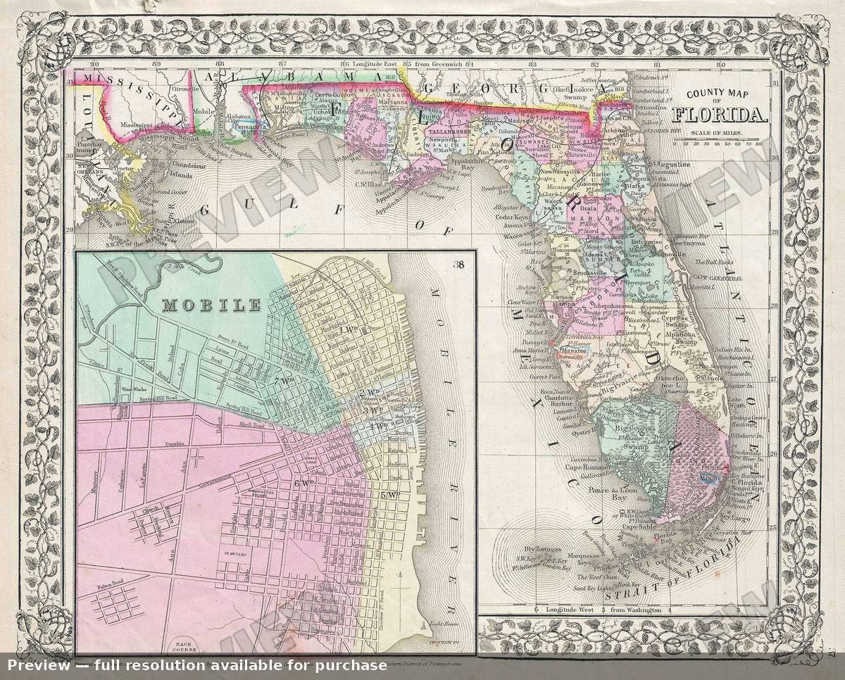 Antique map: Florida, 1867, 1867