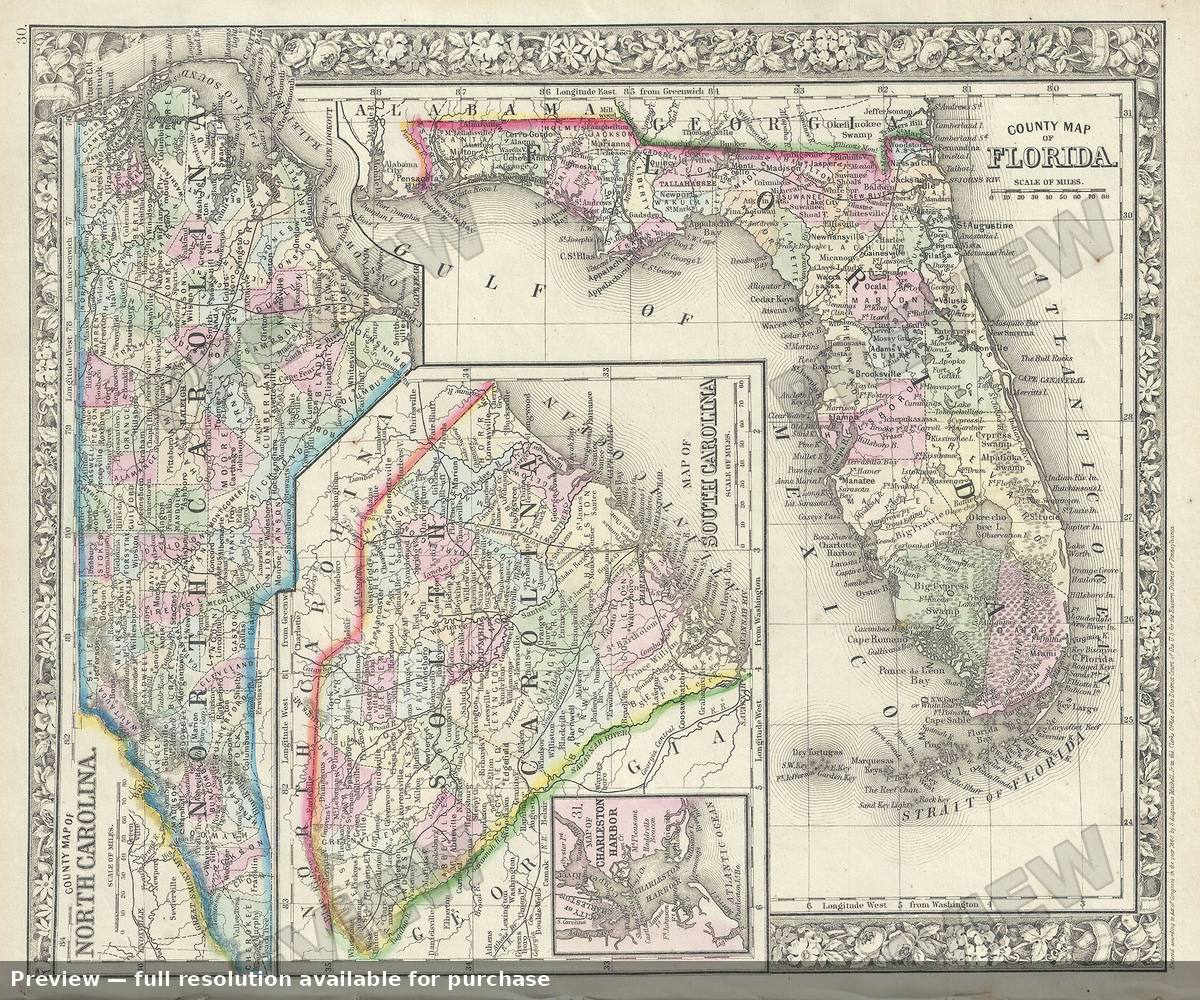 Antique map: Florida North Carolina, 1866, 1866