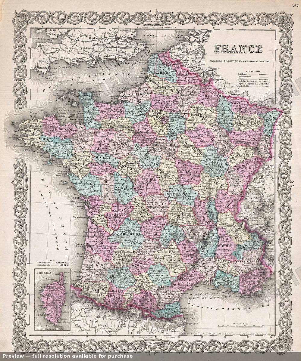 Antique map: France, 1855