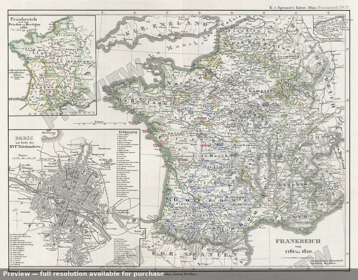 Antique map: France 1461, 1854