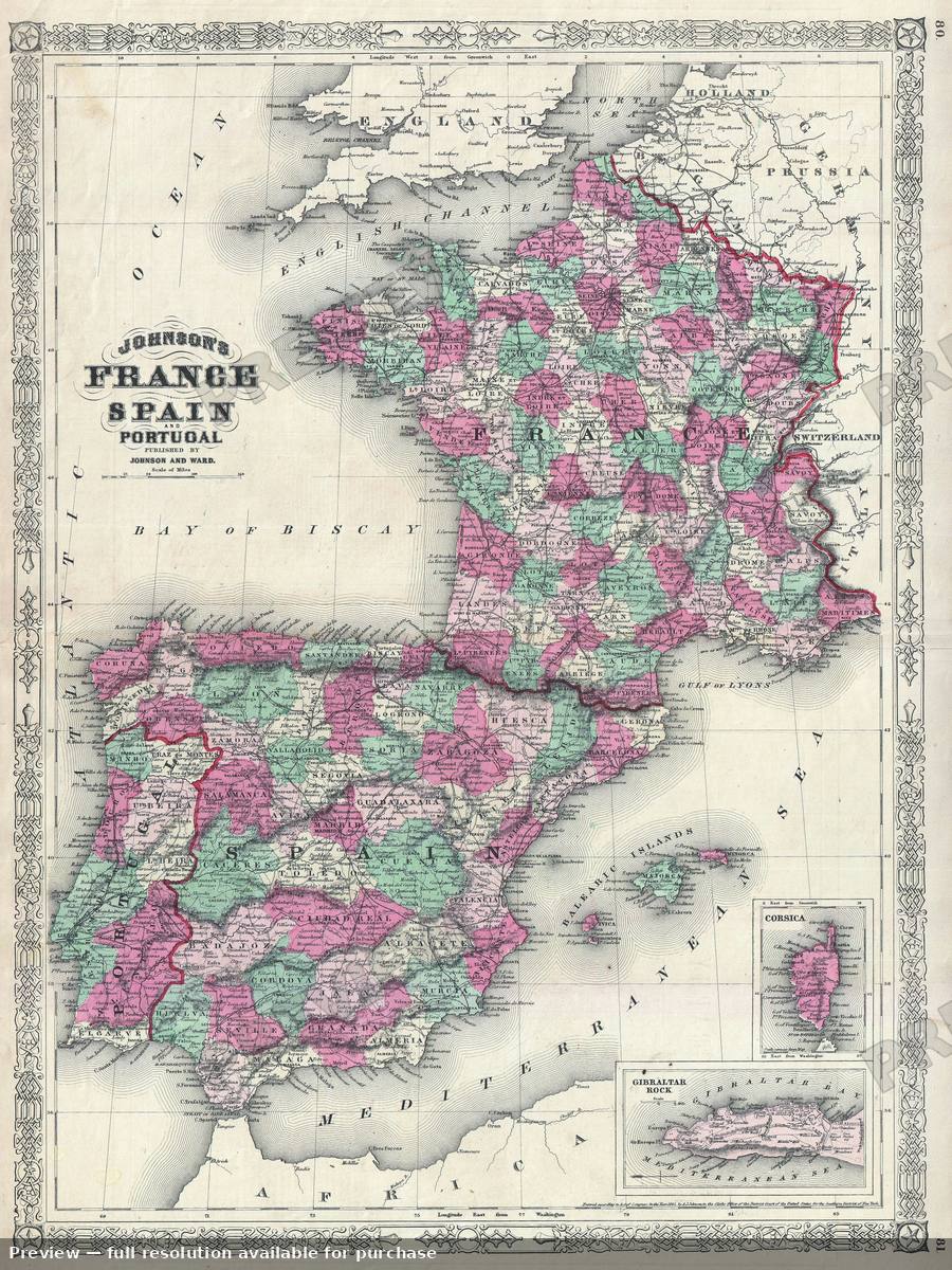 Antique map: France Spain, 1865, 1865