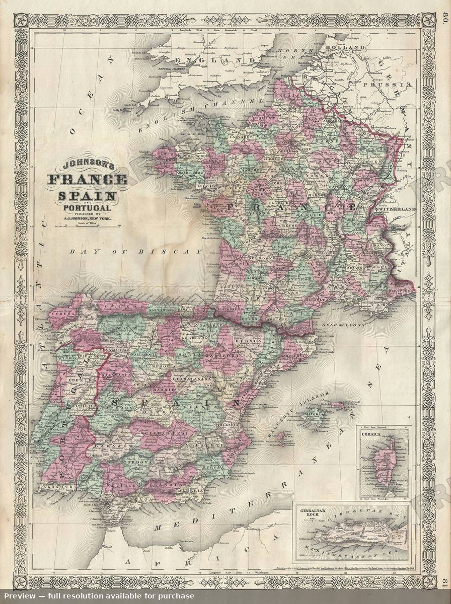Antique map: France Spain Portugal, 1866, 1866