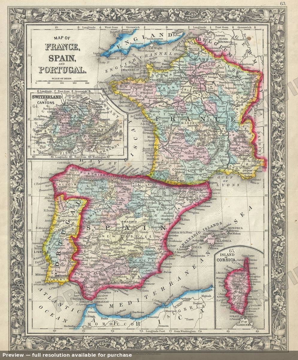 Antique map: France Spain Portugal, 1860, 1860