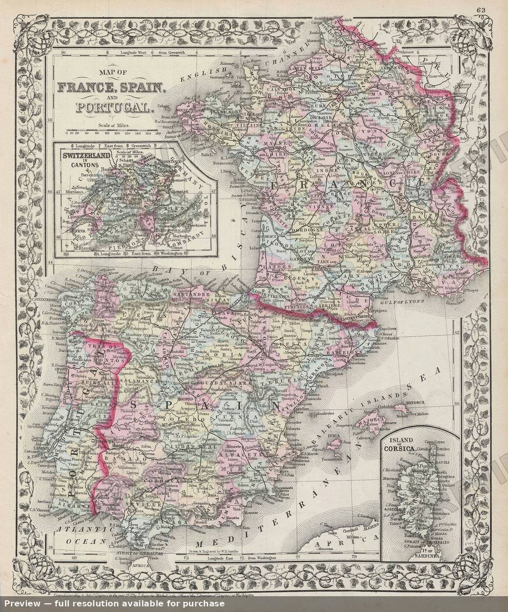 Antique map: France Spain Portugal, 1872, 1872