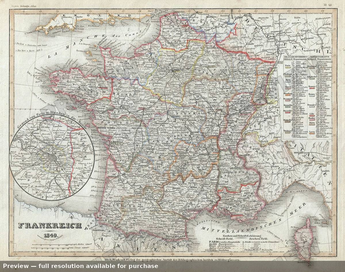 Antique map: Frankreich, 1849