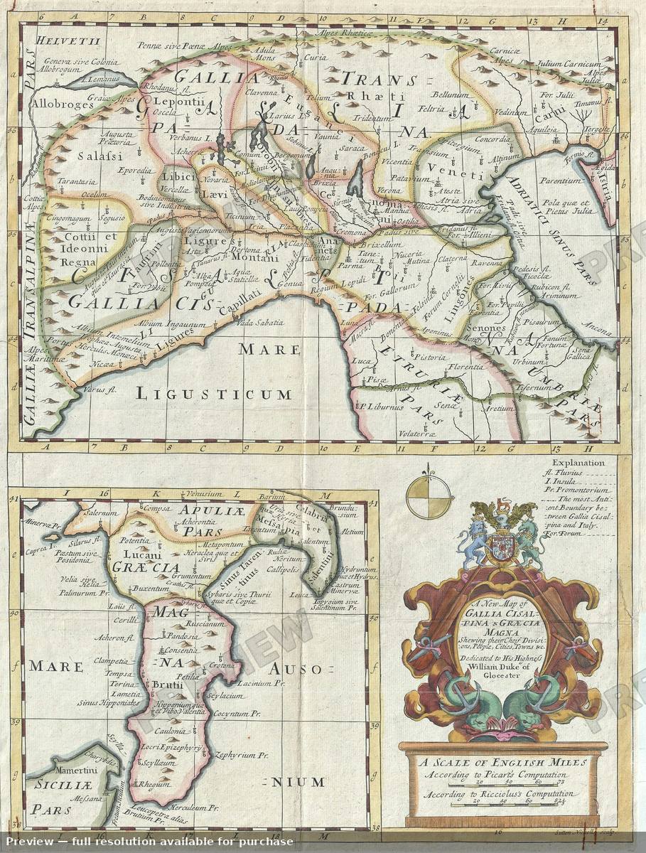 Antique map: Gallia Cisaldina, 1712