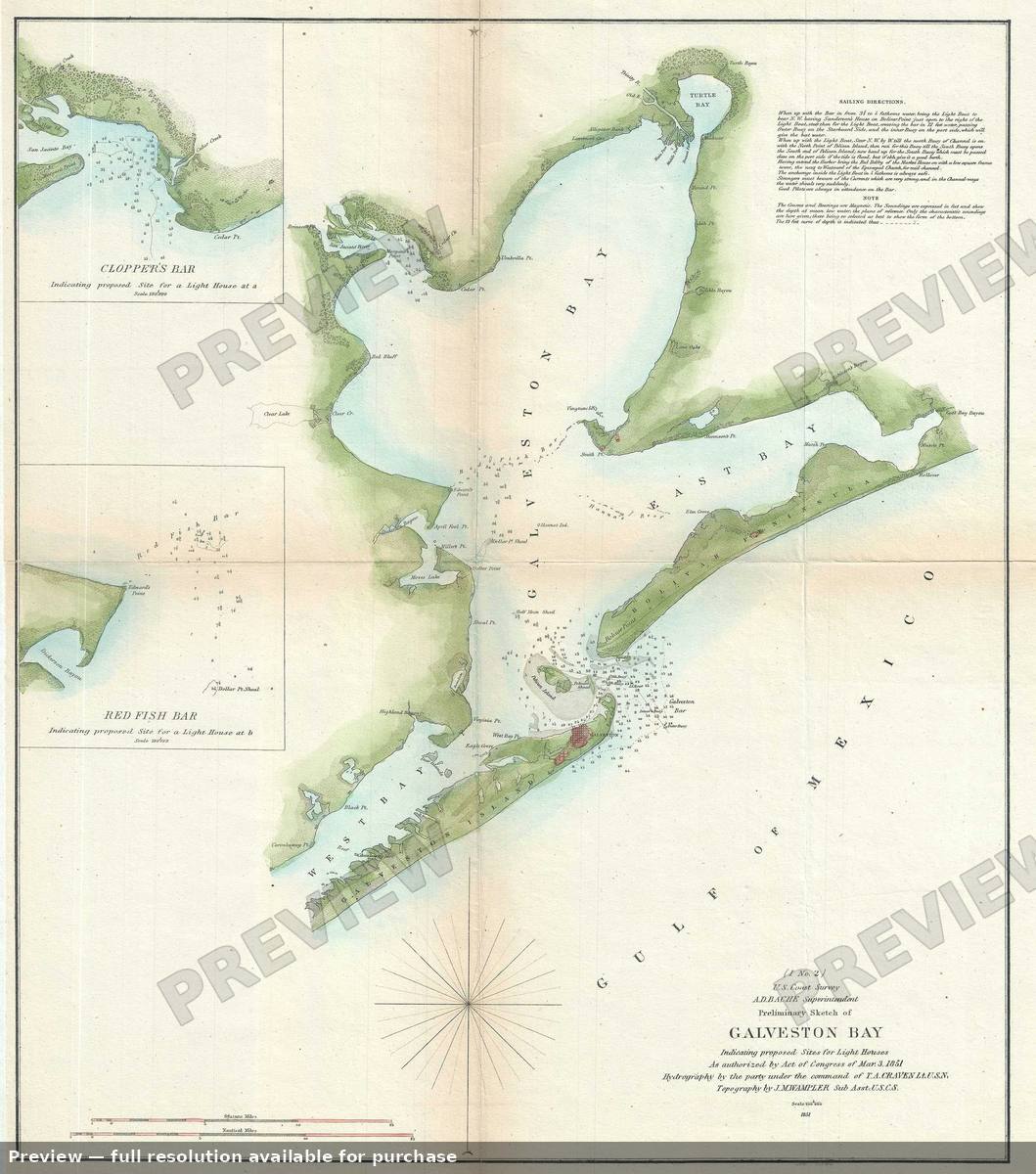 Antique map: Galveston Bay, 1851, 1851